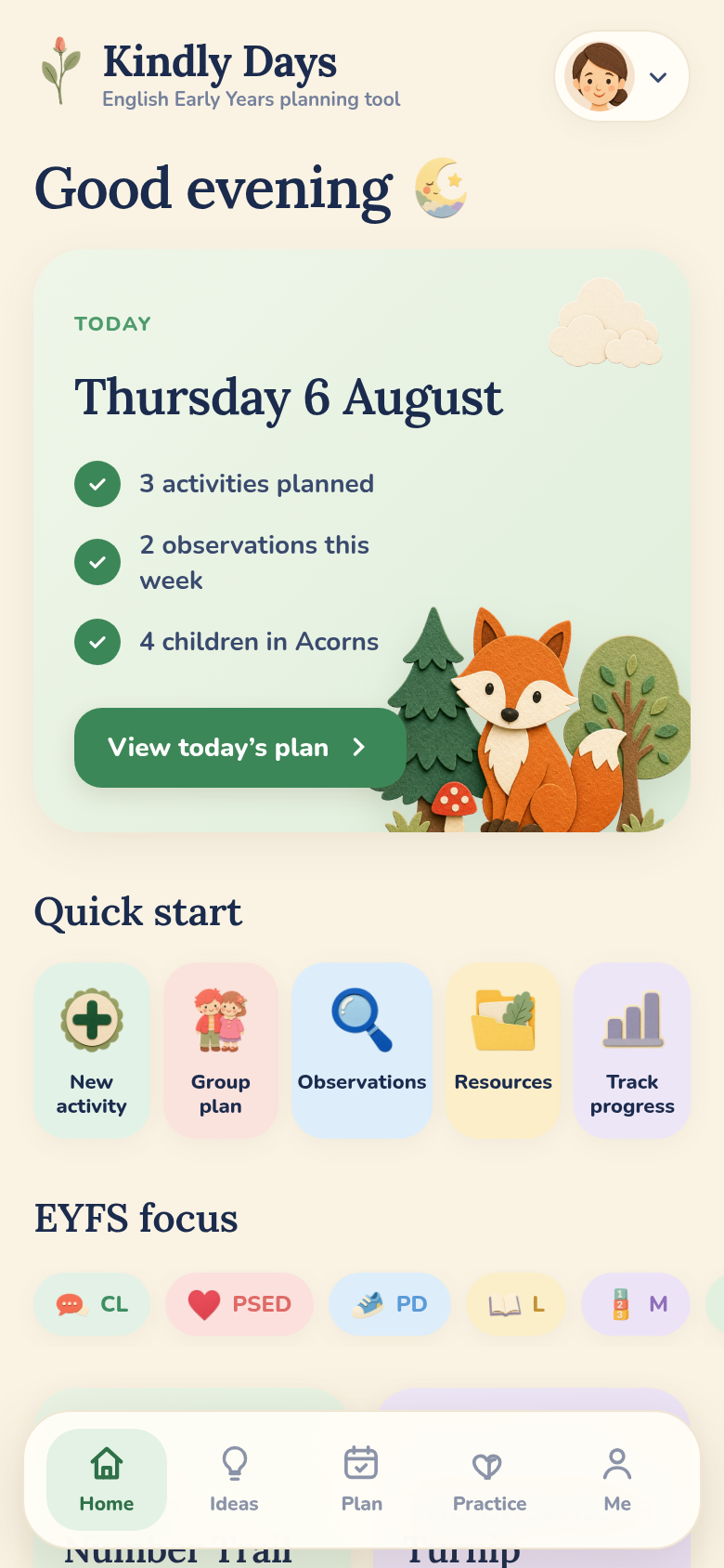 The Kindly Days app home screen showing today’s plan
